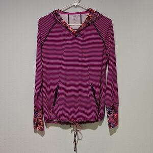 Title Nine Hoodie Medium Hot Pink  Black Stripe Floral Detail Boho Grunge
